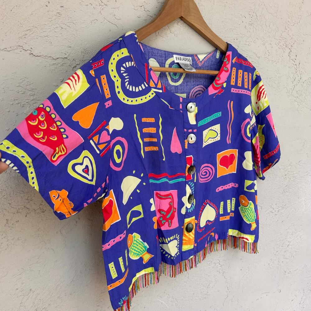 Vintage Cute Print Beaded Fringe Hem Rayon Blouse Large - Picture 4 of 5